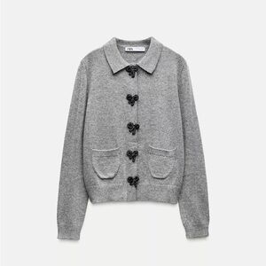 Zara Women’s Beaded Bow Shaped Button Knit Cardigan, Gray, Sz Small